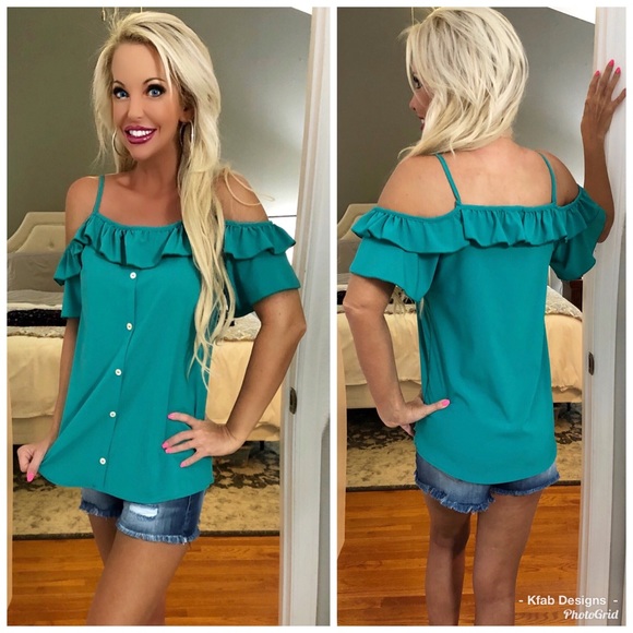 💕LAST 2! Teal Ruffled Woven Open Shoulder Blouse - Picture 4 of 8